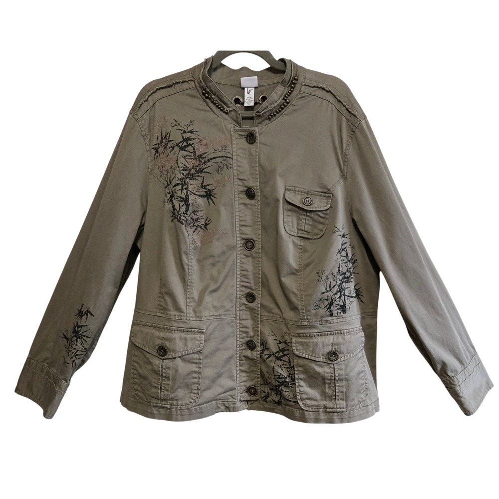 Venezia Women Chic Embroidered Khaki Bamboo Print Utility Jacket 22 Metal Beaded